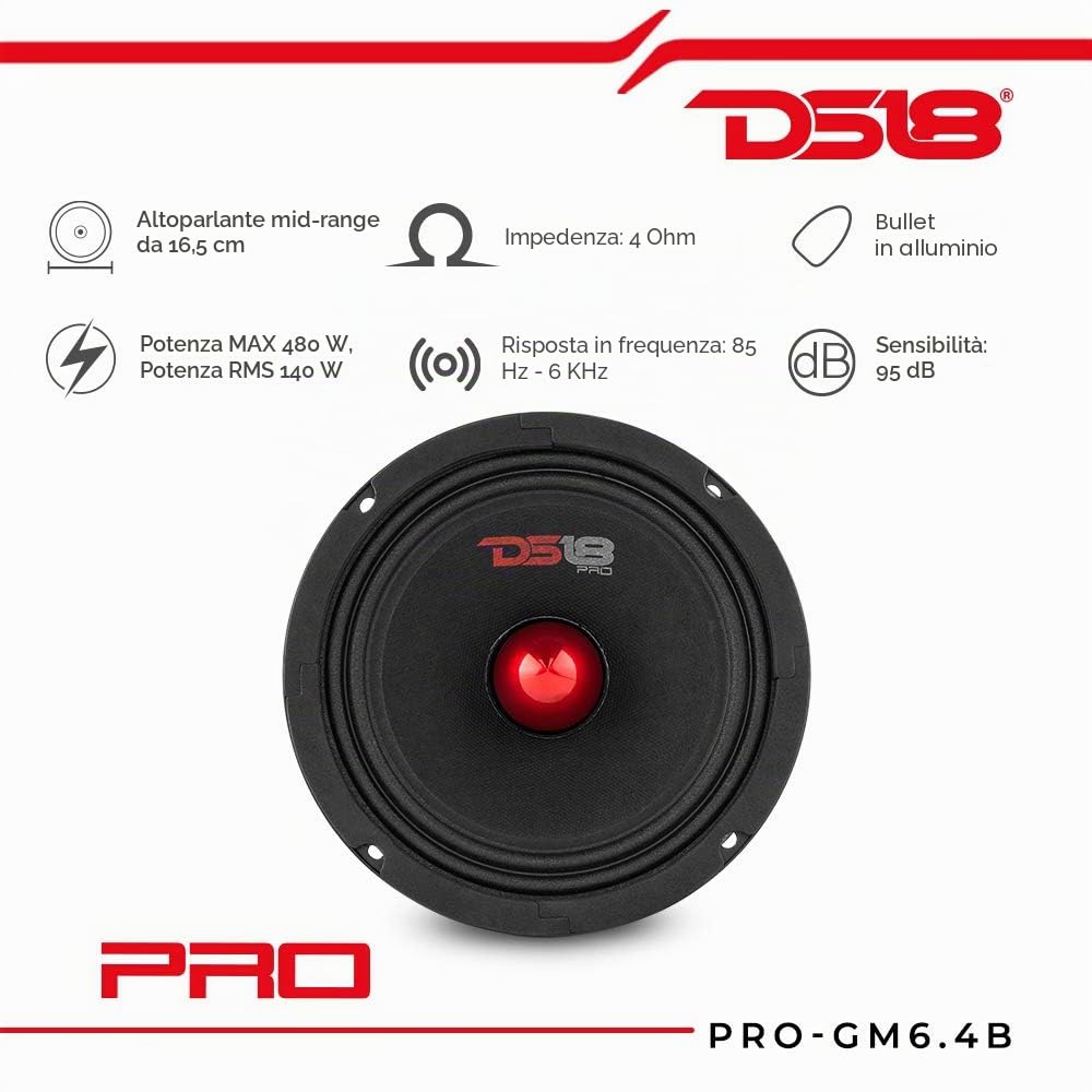DS18 PRO-GM6.4B - 6,5", Midrange, Ogiva in Alluminio Rosso, 480 watt max, 4 ohm, 1,5" Kapton VC 16,50 cm altoparlanti Audio di Qualità Premium per Auto o Camion tutta voce - confezione da 1 pezzo