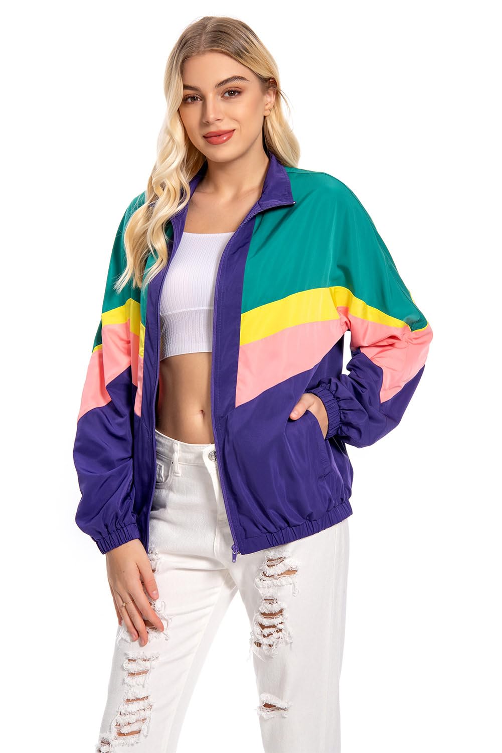 Giacca da allenamento anni '80, da donna, stile retrò, abbigliamento sportivo, colorato, hip-hop, discoteca, anni '80, anni '90