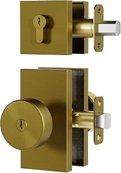Keyed Alike Exterior Door Knob with Deadbolt Set, Antique Brass | Zinc Alloy|Reversible|With 3 Keys|Square Entey Door Knob Interior & Exterior Doors|Adjustable Latch|1 Pack