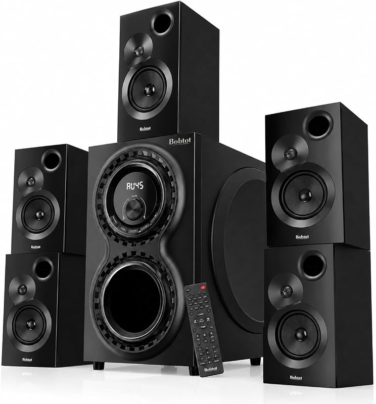Bobtot Sistemas de sonido envolvente para TV, 1400 vatios de potencia máxima, subwoofer de 12" | Graves potentes 5.1 Sistema de cine en casa con cable parlante de audio estéreo con ARC óptico coaxial Bluetooth AUX DVD Entrada de karaoke