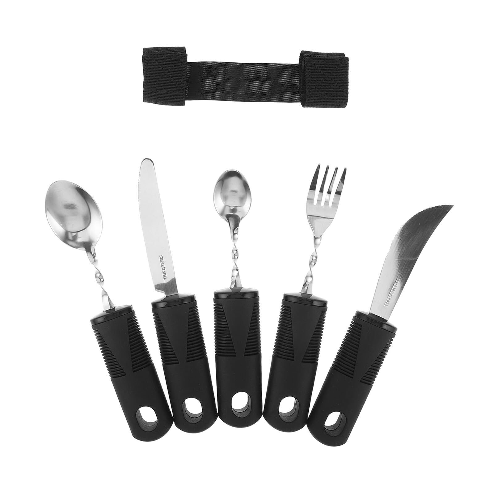 Set 5 Pezzi Posate Adattabili Anti-Shake in Acciaio Resistente Impugnatura Antiscivolo Pieghevole per Anziani e Adulti Disabili Utensili per Mangiare Manico Ergonomico e Supporto