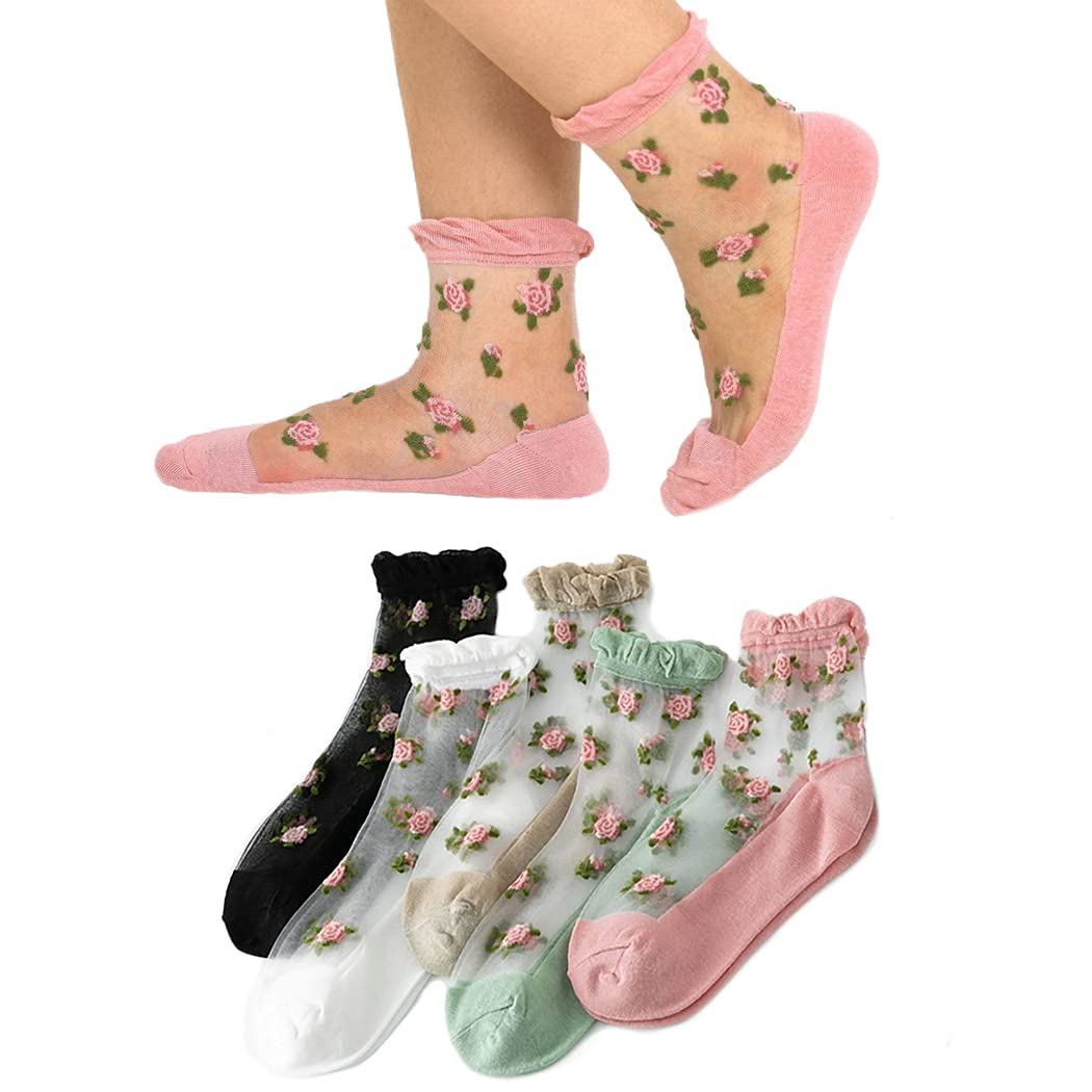 IYOU Vintage Sheer Ankle Socks Pink Flower Mesh Socks Outdoor Party Transparent Casual Socks for Women and Girls(5 Pairs)