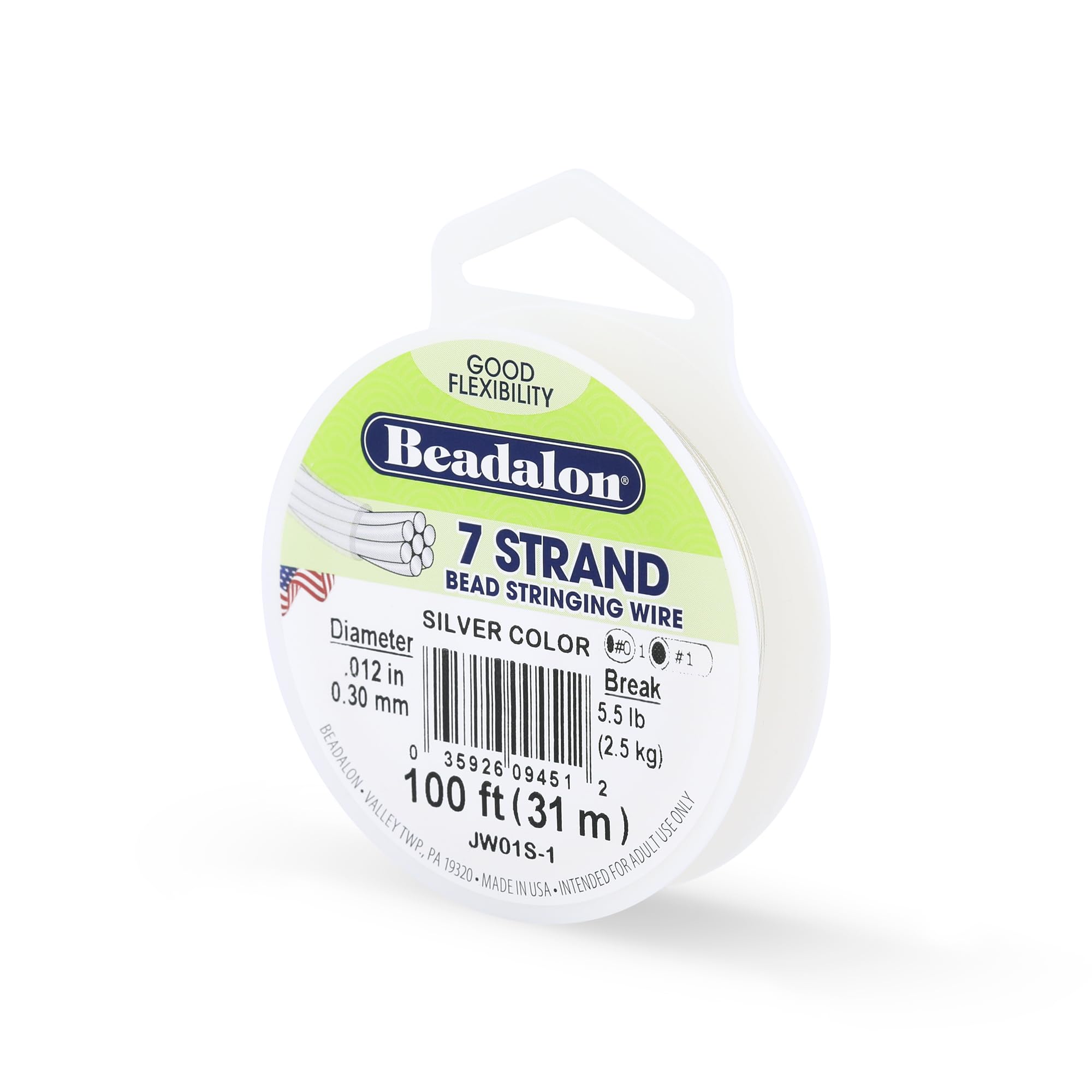 Beadalon Silver 7-Strand Bead Stringing Wire, 0.012-Inch, Color, 100-Feet