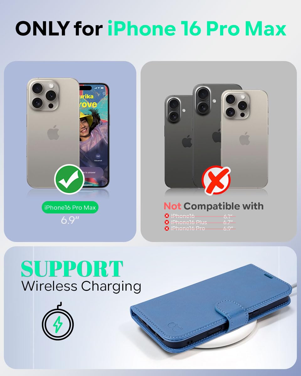 OCASE for iPhone 16 Pro Max Case, PU Leather Wallet, Magnetic Flip Folio Cover with RFID Blocking, Card Holders - Image 2