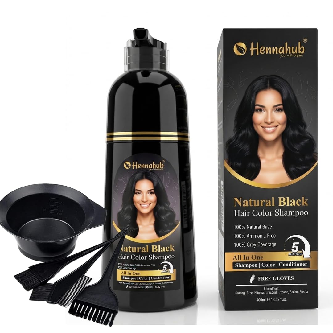 Hennahub Natural Black Hair Colour Shampoo 400ml | Hair Dye with Conditioner with Free Bowl and Brush | Easy One Wash Application | Amonia Free, Sulfate Free | Free Gloves-image-6