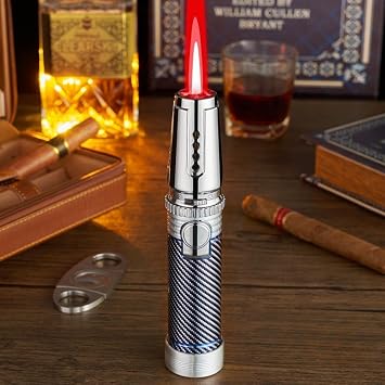 Strong Powerful Jet Flame Kitchen Lighter Red Flame BBQ Cigar Big Jet Flame Fire Torch Outdoor Camping Lighter Windproof Butane Refillable Gas Lighter Butane Gas Not Included Silver Carbon