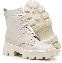 Coturno Feminino em Couro Premium, Bota Tratorada com Cadarço e Zíper Lateral, Solado Robusto