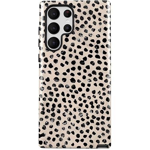 BURGA Phone Case Compatible with Samsung Galaxy S22 Ultra - Hybrid 2-Layer Hard Shell + Silicone Protective Case -Black Polka Dots Pattern Nude Almond Latte - Scratch-Resistant Shockproof Cover