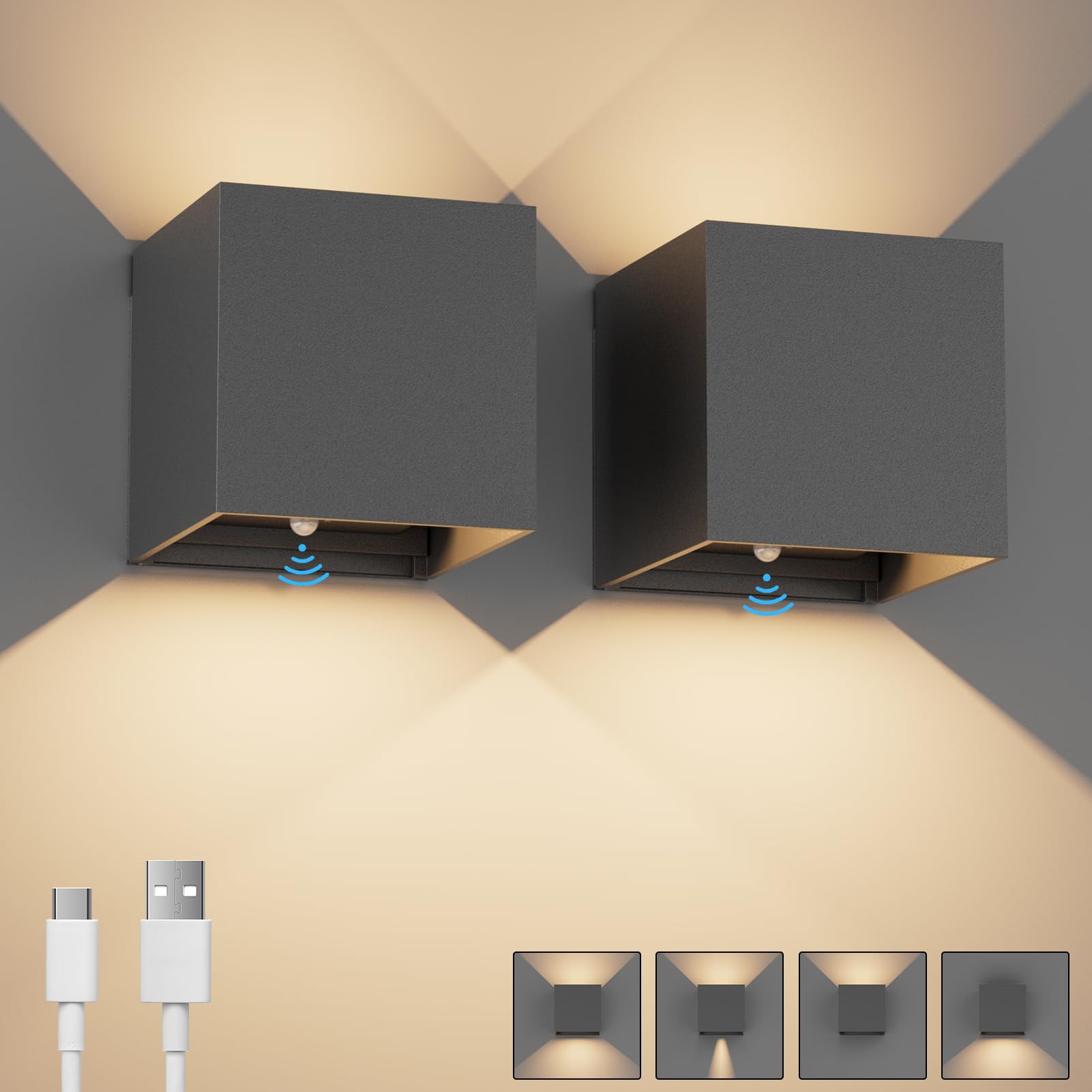 K-Bright 2PCS Aplique de Pared Interior con Sensor de Movimiento, 5W USB recargable LED Lámpara de Pared sin cable con Interruptor, Ángulo de haz Ajustable Iluminación de Pared, 3000K, Gris oscuro