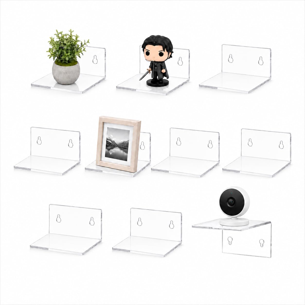 10 Pack Mini Acrylic Floating Wall Shelves, 4 Inch Clear Display Shelves, Equipped with Adhesive Strips & Screws, Small Wall Mount Racks for Funko Pop, Plants, Collectibles & Smart Speakers