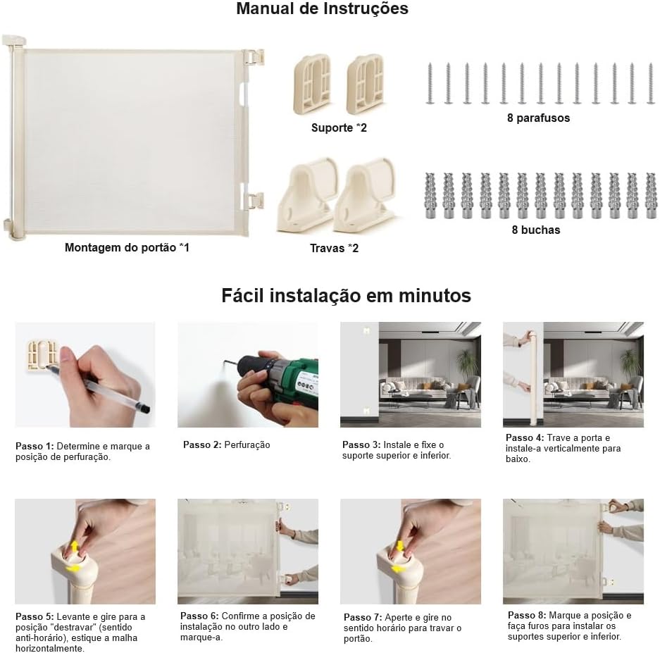 Grade de Proteção Retrátil 86x150cm | Ideal para Pets e Bebês | Portão de Segurança para Escadas, Portas e Ambientes | Fácil de Instalar | Cor Branca