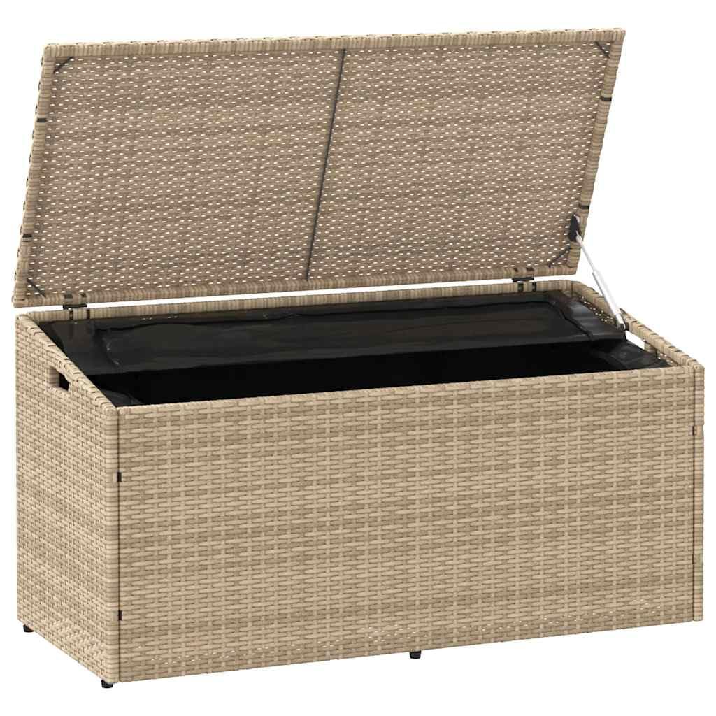 Contenitore da giardino beige, in polyrattan, 110 x 50 x 58 cm, resistente alle intemperie e impermeabile, pratica scatola per cuscini, cuscini