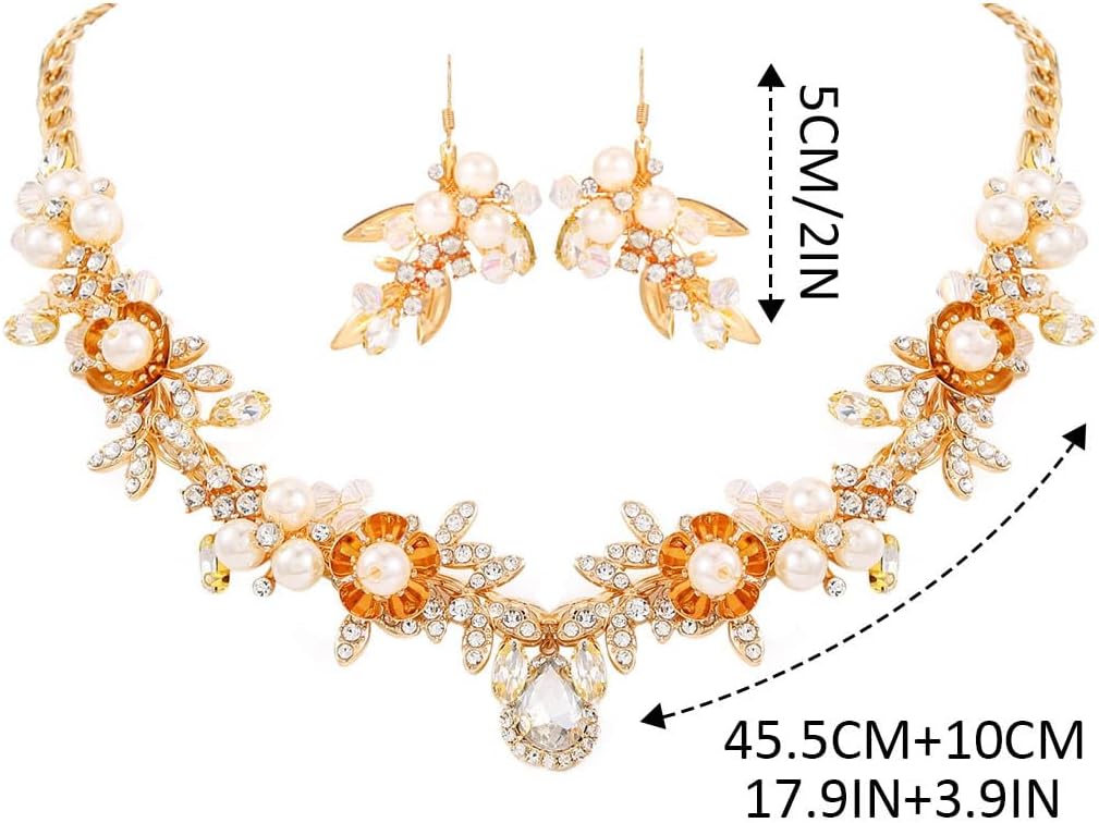 Yean Gold Bridal Jewelry Set Rhinestone Necklace and Earring Set Pearl Costume Prom Jewelry for Women and Bride - Image 2