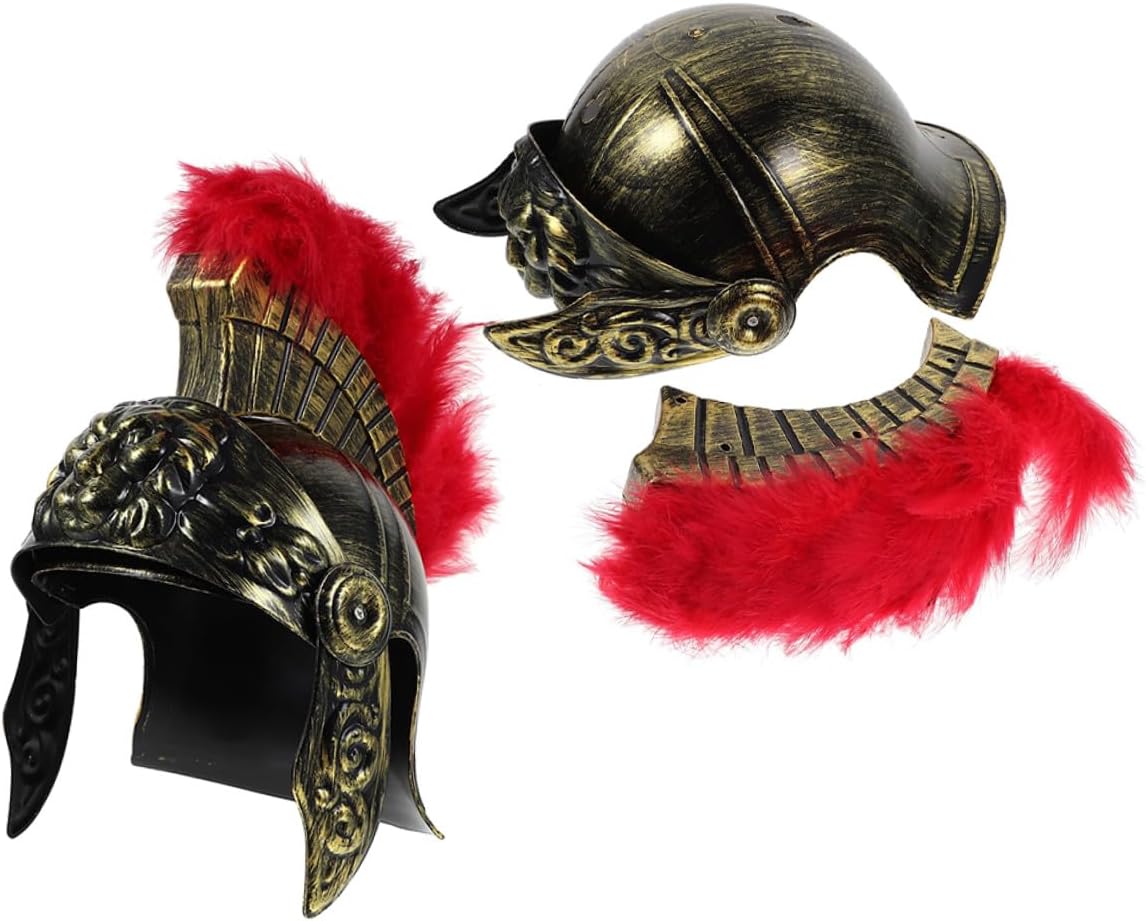 VILLCASE 2pcs Roman Knight Helmet with Lion Embossment and Crimson Plume, Greek Soldier Costume Headwear for Theater, Film, and Parade Props
