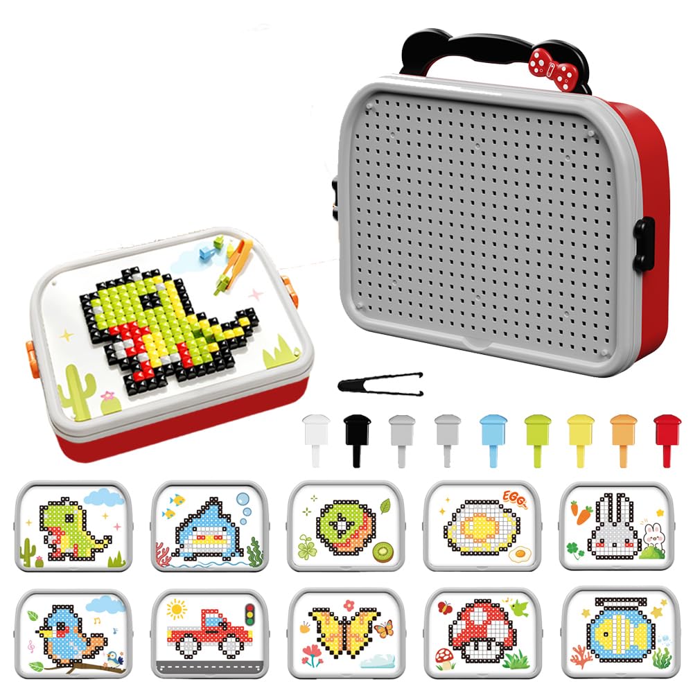 480-Piece 3D Mushroom Peg Puzzle Set, Includes 10 pattern cards, 3D Take Apart Toy for 3 4 5 6 Years Old Boys Girls Gifts, Magic Montessori Gifts, Creative Tool Box with Drill Screwdriver (Red)