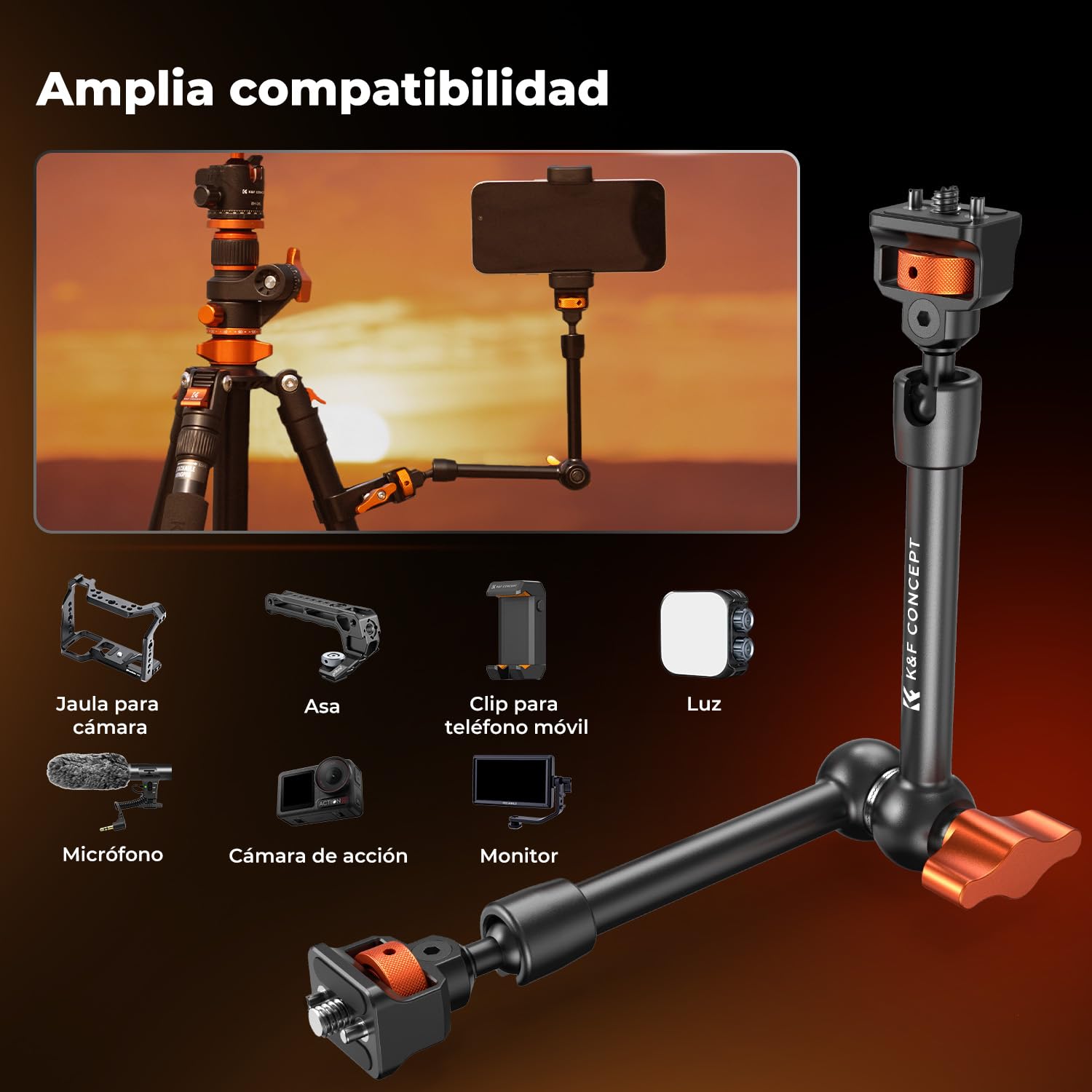 K&F CONCEPT Brazo Mágico 11 Pulgadas con Super Clamp Pinza, Magic Arm con Súper Abrazadera con Tornillos de 1/4" y 3/8" para Monitor Luz LED Cámara de Acción, Carga máxima: 2KG