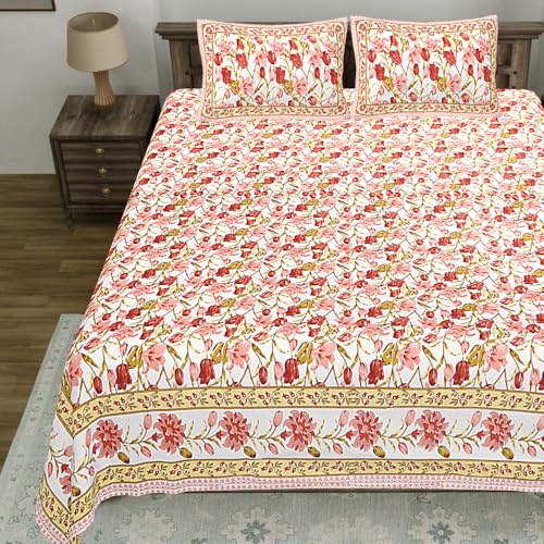 Image of Living Roots Jaipuri Hand Block Print Double Cotton Bedsheet & 2 Pillow Covers, for Mattress Upto 8 inches Thick, No Colour Bleeding, Pink Colour, Super King Size 96 * 104 inches, 150TC (576-C)