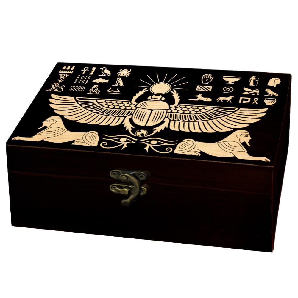arricraft 1 Pc Egyptian Theme Wooden Memorial Storage Box, Scarab Sun Eye of Horus Sphinx Hieroglyphs Pattern Rectangle Pine Photo Box for Anniversary Jewelry Board Storage (9.45x5.51x3.54 Inch) โ image 1
