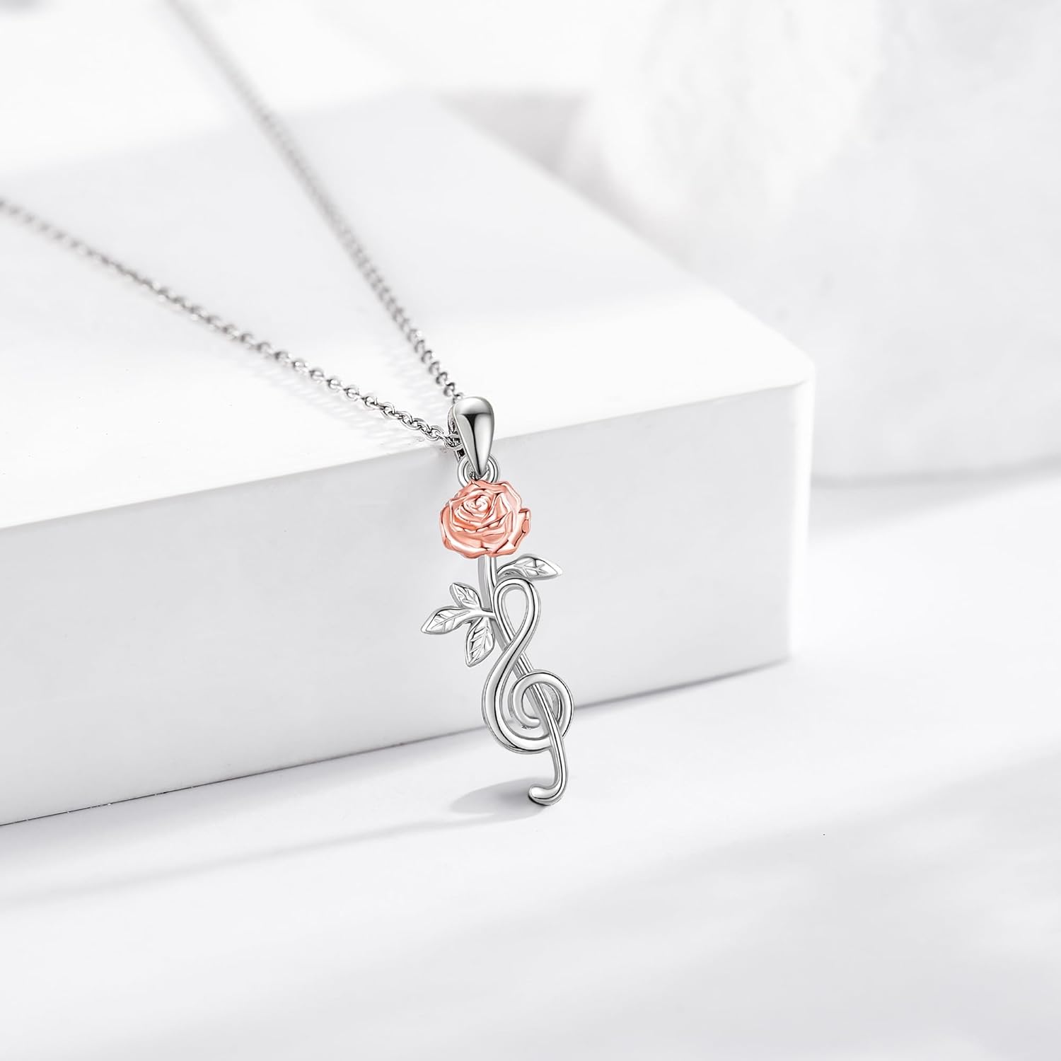 URONE Rose Flower Necklace Sterling Silver Rose Music Note Pendant Singing Necklace Jewelry Gifts for Women
