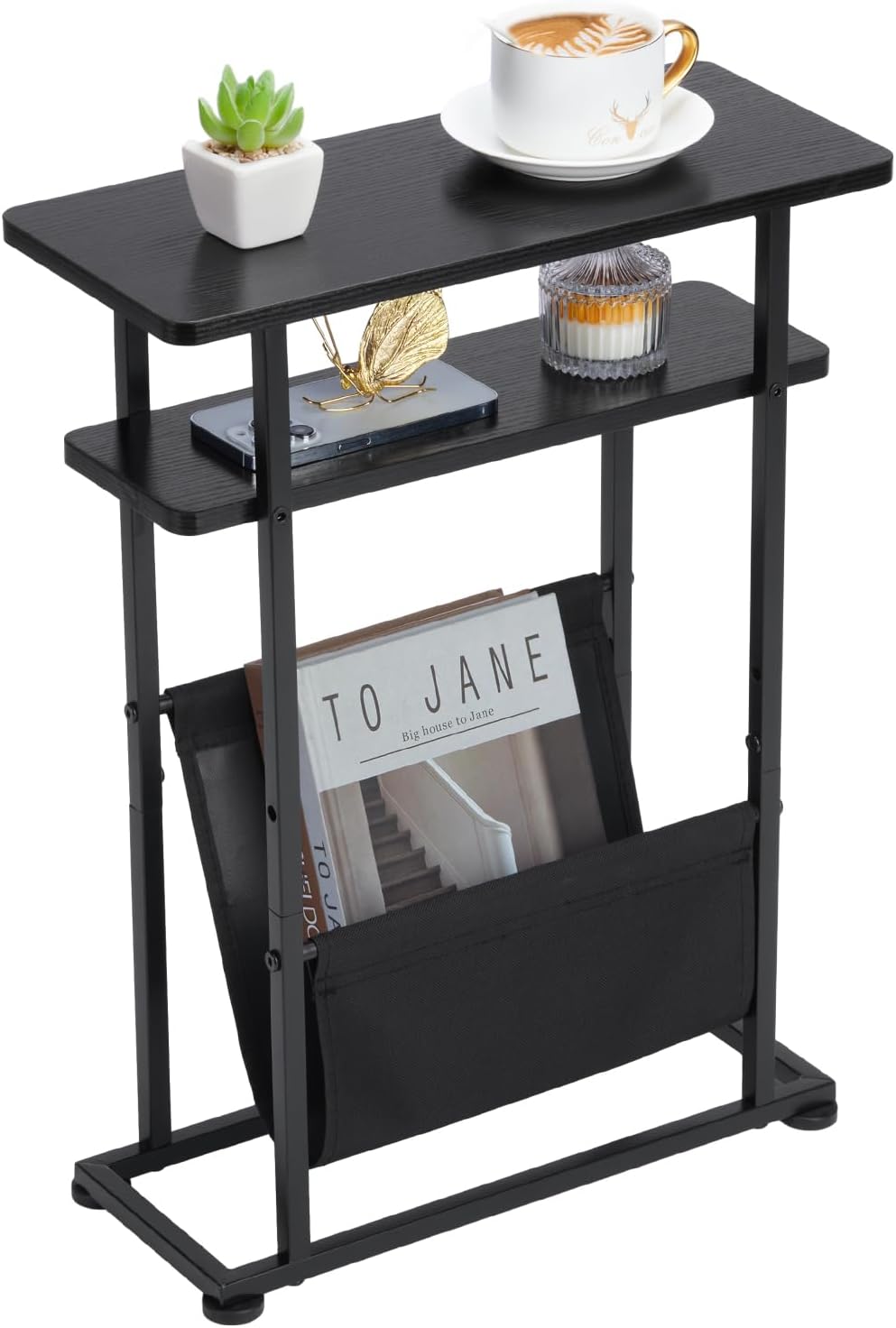 Small Side Table for Small Spaces - Slim End Table with Magazine Holder - 2 in 1 Narrow End Table Living Room - Skinny Bedside Table Nightstand Bedroom Thin Side Table (Black)