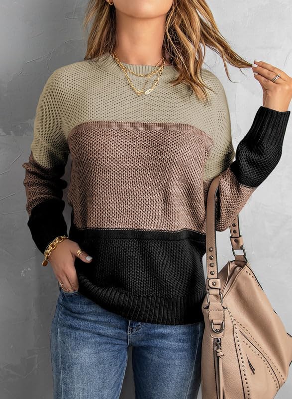 Image of Dokotoo Womens Color Block Sweaters Long Sleeve Pullover Knit Tops