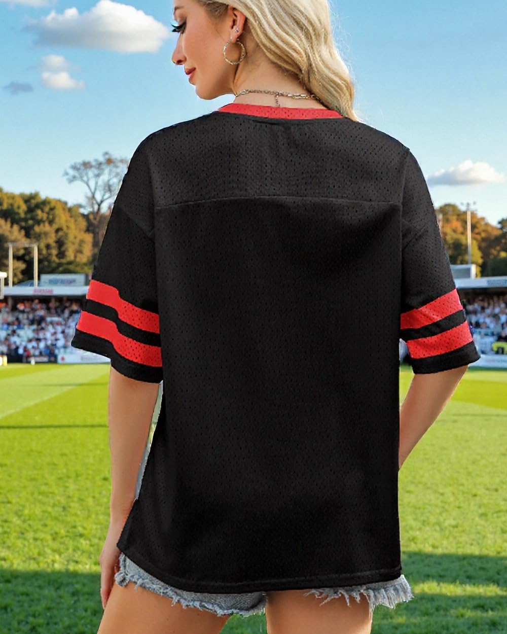 Oversized Football Game Day Shirt Women Sunday Funday Jersey Football Team Fans Mesh Tshirt V Neck Heart Graphic Tops - Image 4