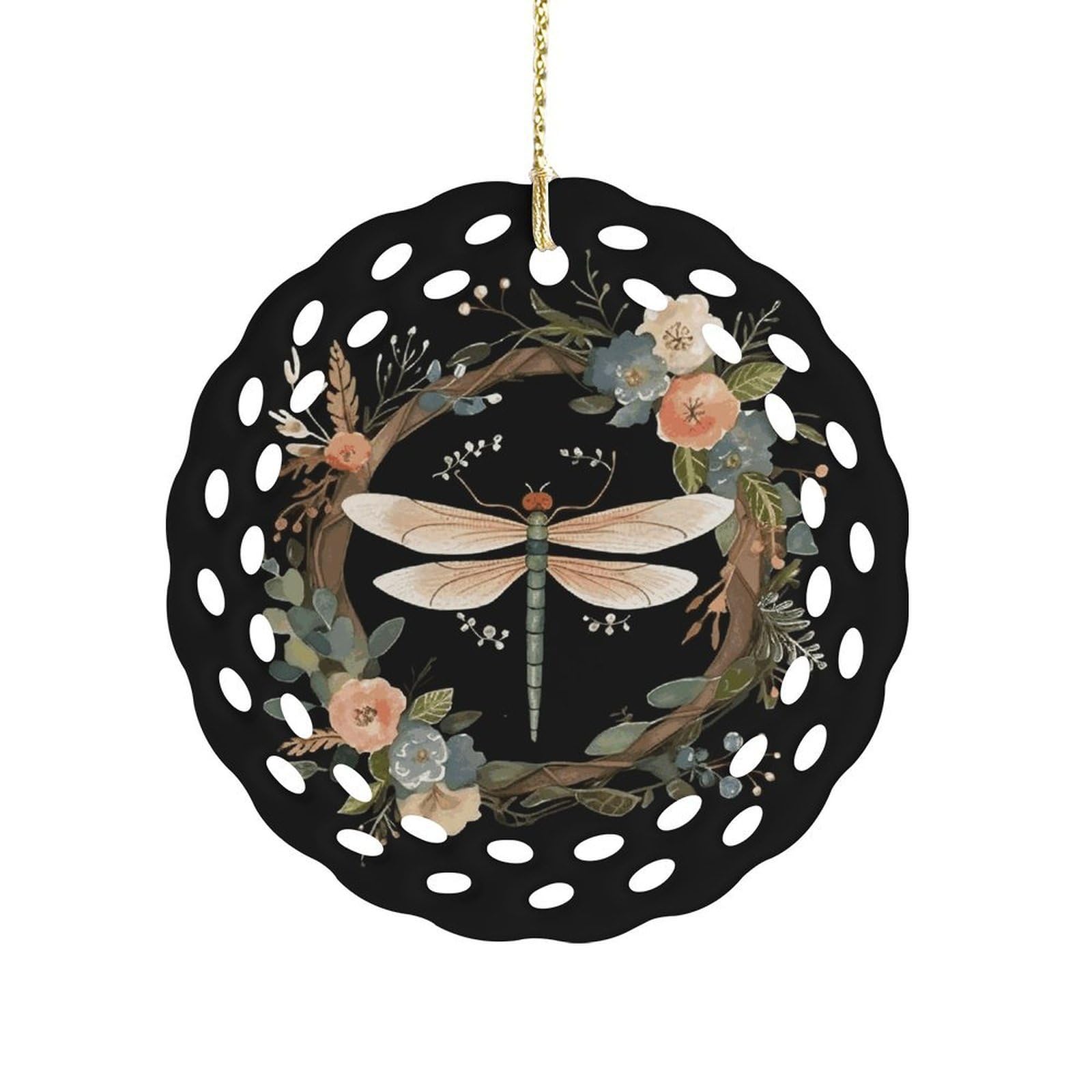 Btcowzrv Style Image Of Dragonfly In Wreath Ceramic Ornament,Round Ornaments With Hole Easy To Hang,Hanging Ornament For Wedding Party Home Window Garden Christmas Day Decor