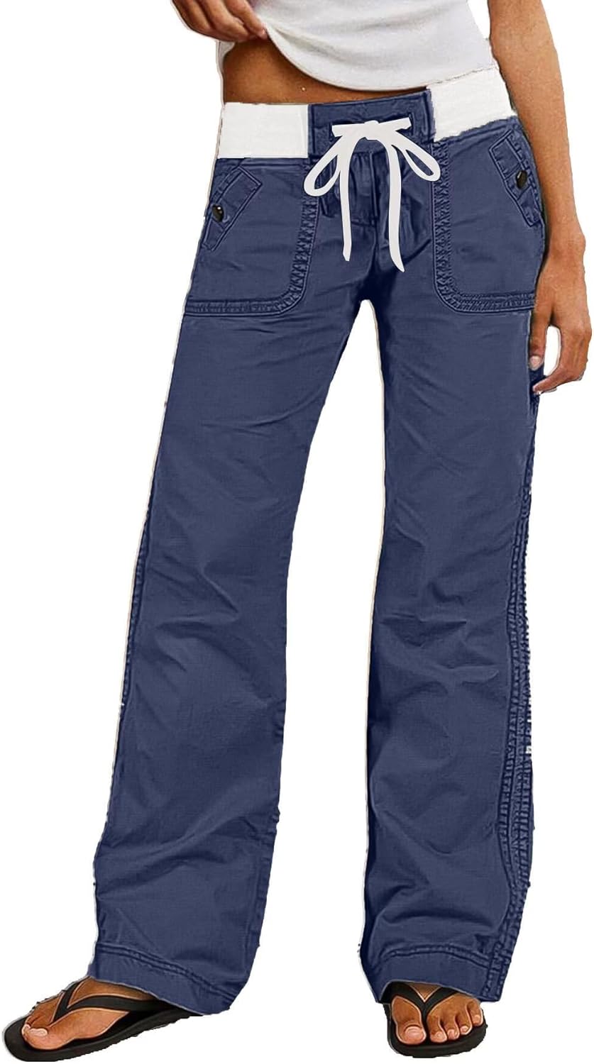 Flamingals Straight Leg Pants for Women Drawstring Waist Mid Rise Casual Solid Seam Detail Pants