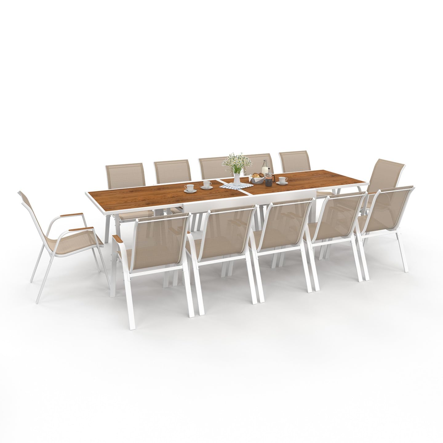 IDMarket - Salón de jardín NOUMEA Mesa extensible 135/270 cm, tablero de vidrio templado con efecto de madera y 12 sillas apilables, blanco y madera