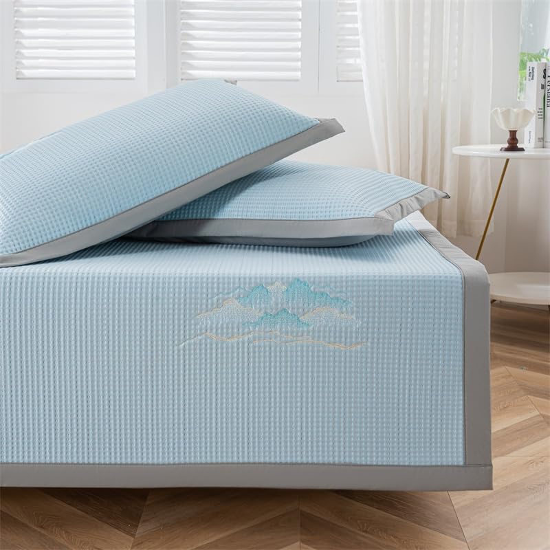 Juego de sábanas refrescantes de verano con colchón de ratán de seda de hielo con fundas de almohada, sábana encimera lavable para aire acondicionado, tamaño individual (120 x 200 cm)