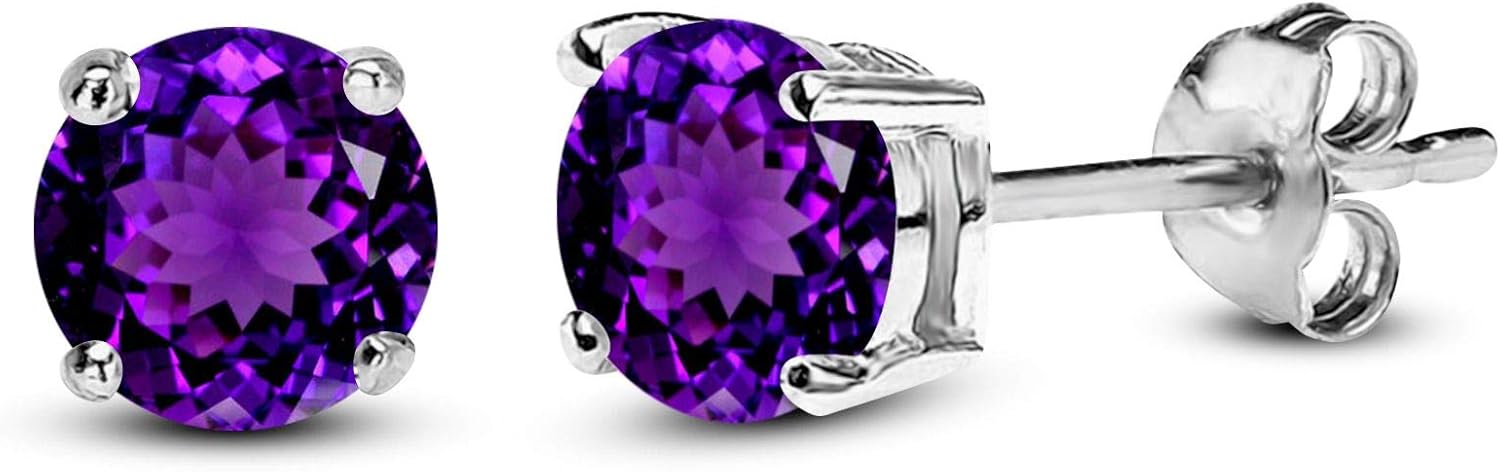 Round Amethyst 14K White Gold Plated Push Back Stud Solitaire Earrings 925 Silver