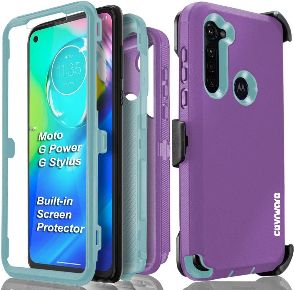 COVRWARE Tri Series Case for Moto G Stylus / Moto G Power (2020) XT2041DL with Built-in [Screen Protector] Heavy Duty Full-Body Triple Layers Protective Armor Holster Case, Purple