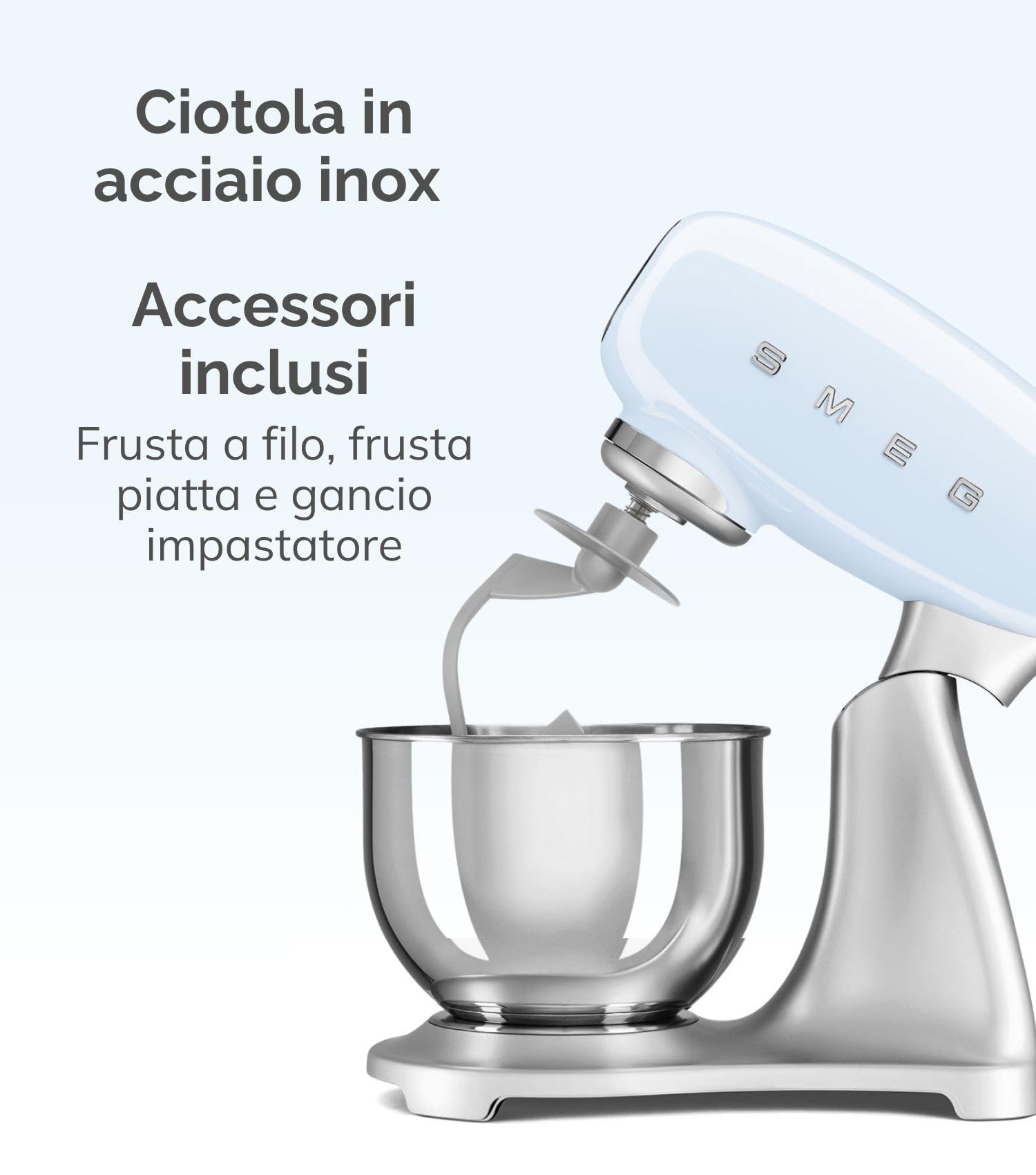 Smeg, Impastatrice Planetaria SMF02CREU, 10 Velocità, Smooth Start, Ciotola da 4,8 L, Sicurezza Blocco Motore, Frusta Filo, Frusta Piatta, Gancio e Coperchio Versatore in Dotazione, 800W, Panna