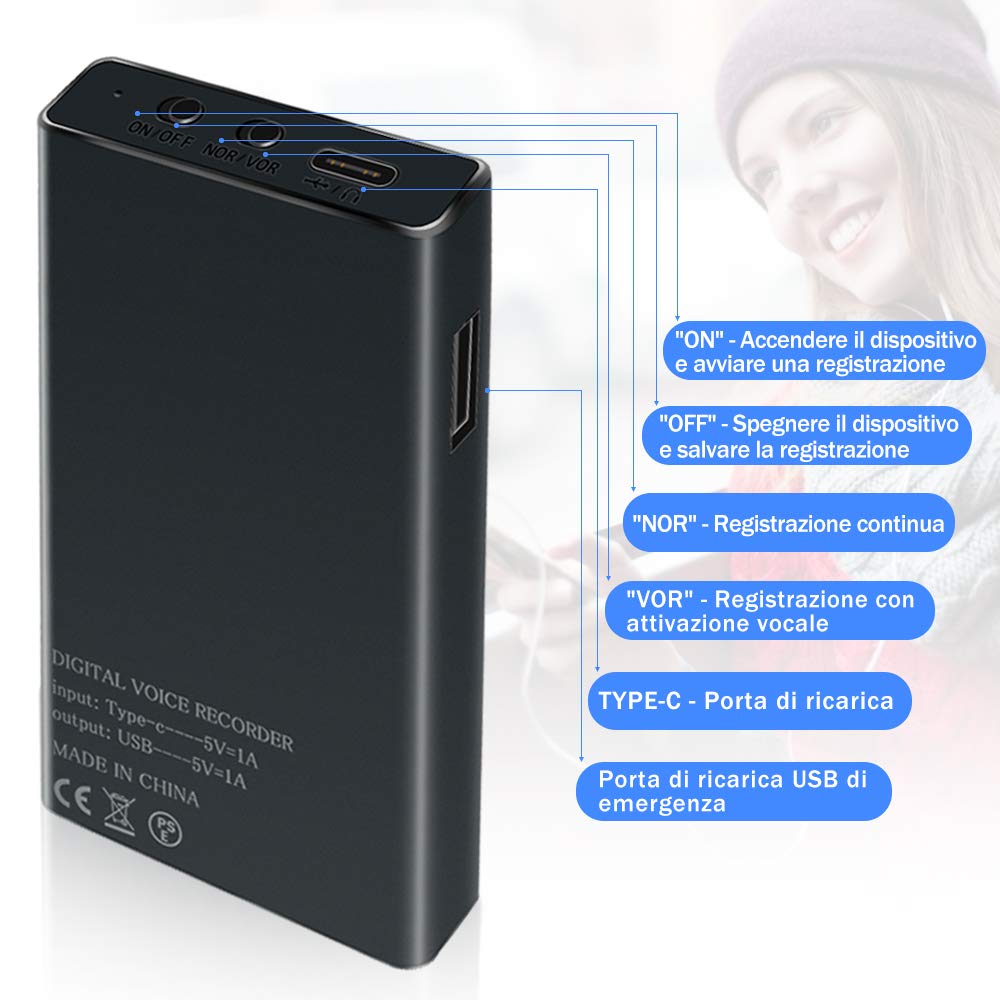 TDW 32GB Registratore Vocale Professionale con Attivazione Vocale, 2500mAh Registratore Audio con Durata Della Batteria di 288 ore e 365 Giorni in Standby - Portatile Magnetico Registratore Vocale
