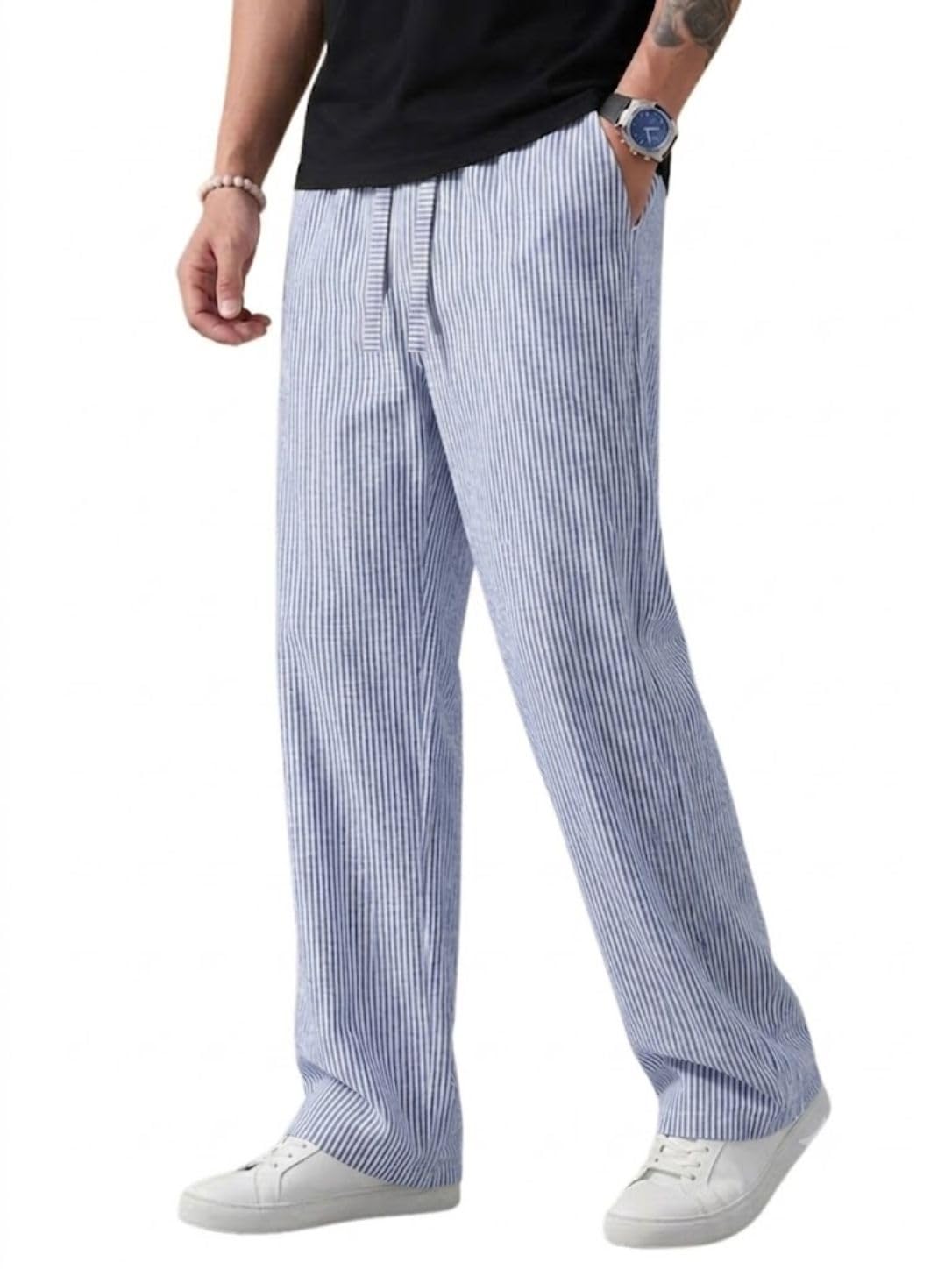 Men's Casual Striped Trouser | Relaxed Fit Drawstring Pants for Men | Elastic Waist Straight Fit Lounge Trousers | Lightweight Summer Cotton Bottoms | Comfortable Daily, Beach, Travel Pants-picture-48
