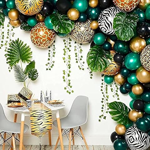 DOJoykey Jungle Safari Themed Party Decoration Set, Green Balloon Arch Kit Tropical Leaves Animal Print Balloons for Birthday Baby Shower Party Decoration Cover