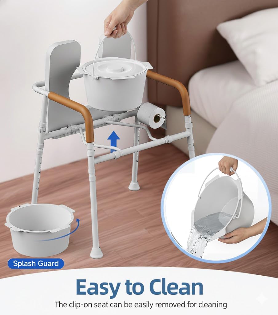 3-in-1 Bedside Commode for Seniors | 350 lbs Heavy Duty Iron Commode Chair with Padded Arms & Seat, Sturdy Toilet Safety Frame & Raised Toilet Seat, Height Adjustable, Bucket, Splash Guard
