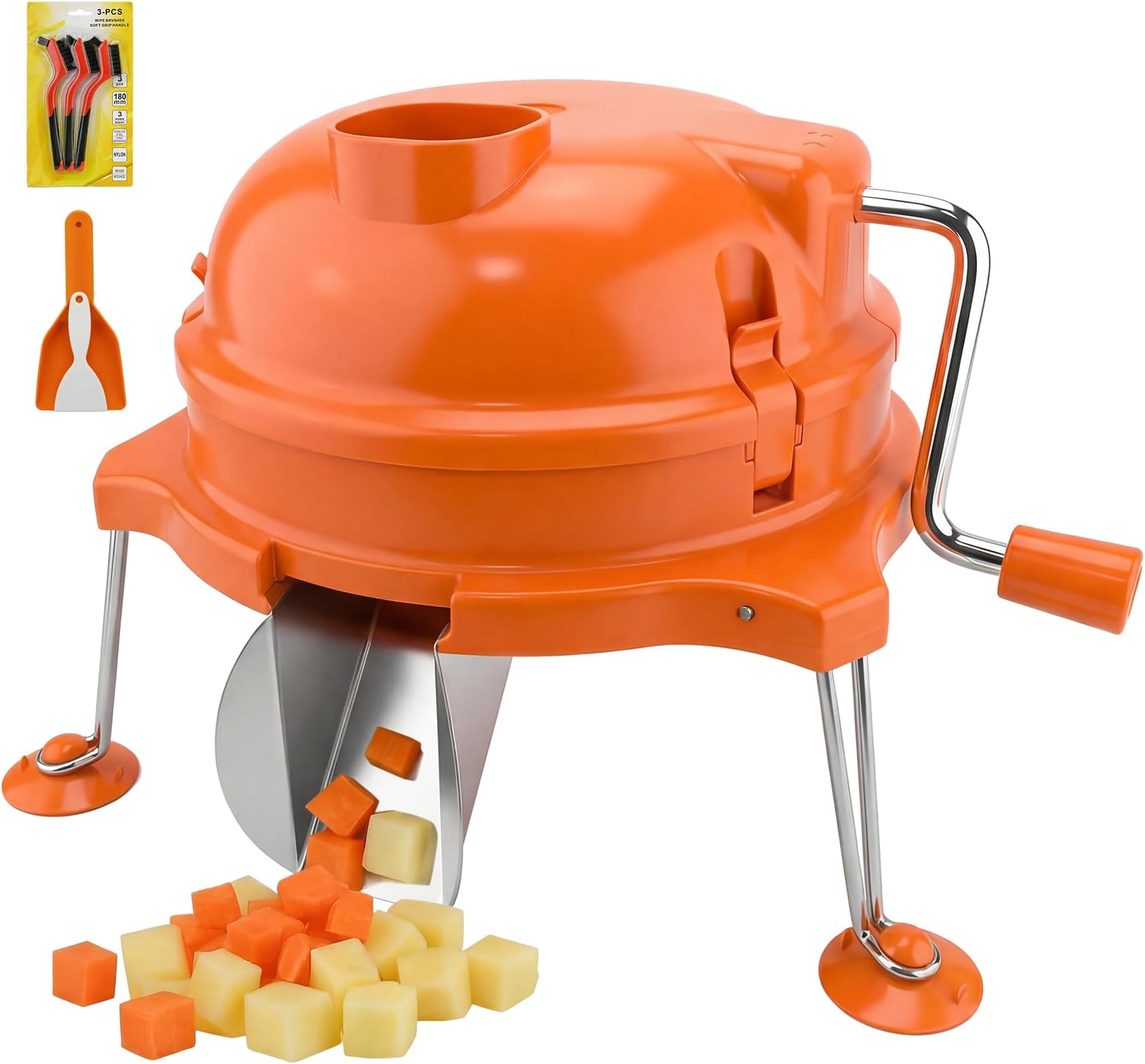 Upgrade CL003 Dynacube Commercial Vegetable Dicer, 1/4" x 1/4" Food Prep Cutter, Orange Manual Tabletop Cuber, Tomato Dicer,Potato Cuber,Vegetable Cube Cutter, 3 PC Nylon Cleaning Brush and Shovel Set