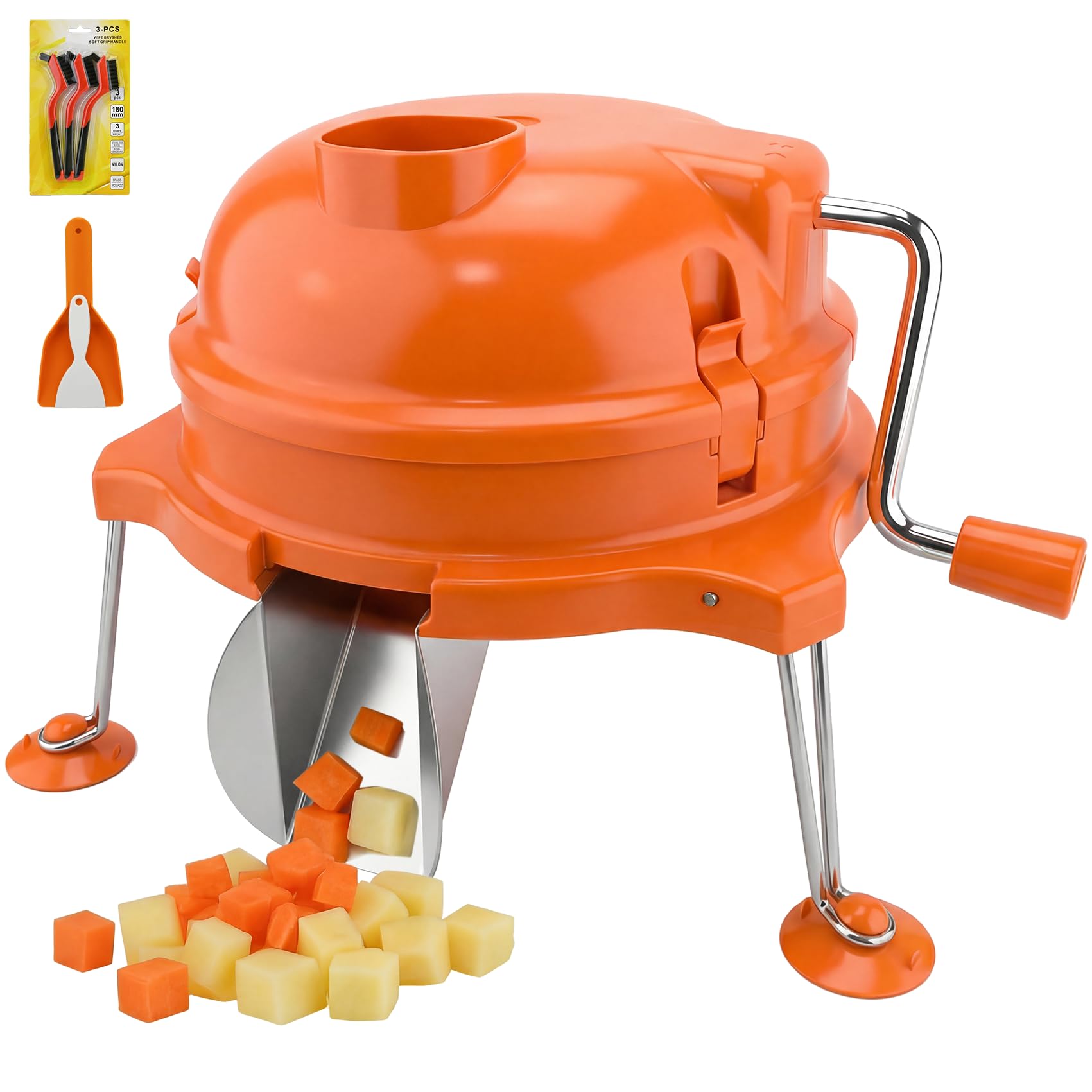 Upgrade CL003 Dynacube Commercial Vegetable Dicer, 1/4" x 1/4" Food Prep Cutter, Orange Manual Tabletop Cuber, 3 PC Nylon Cleaning Brush and Shovel Set, Tomato Dicer,Potato Cuber,Vegetable Cube Cutter