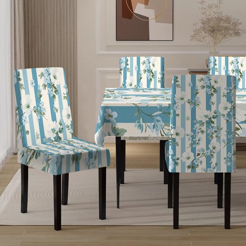 Housses de chaise stretch bleu clair imprimé fleuri avec nappe - 6