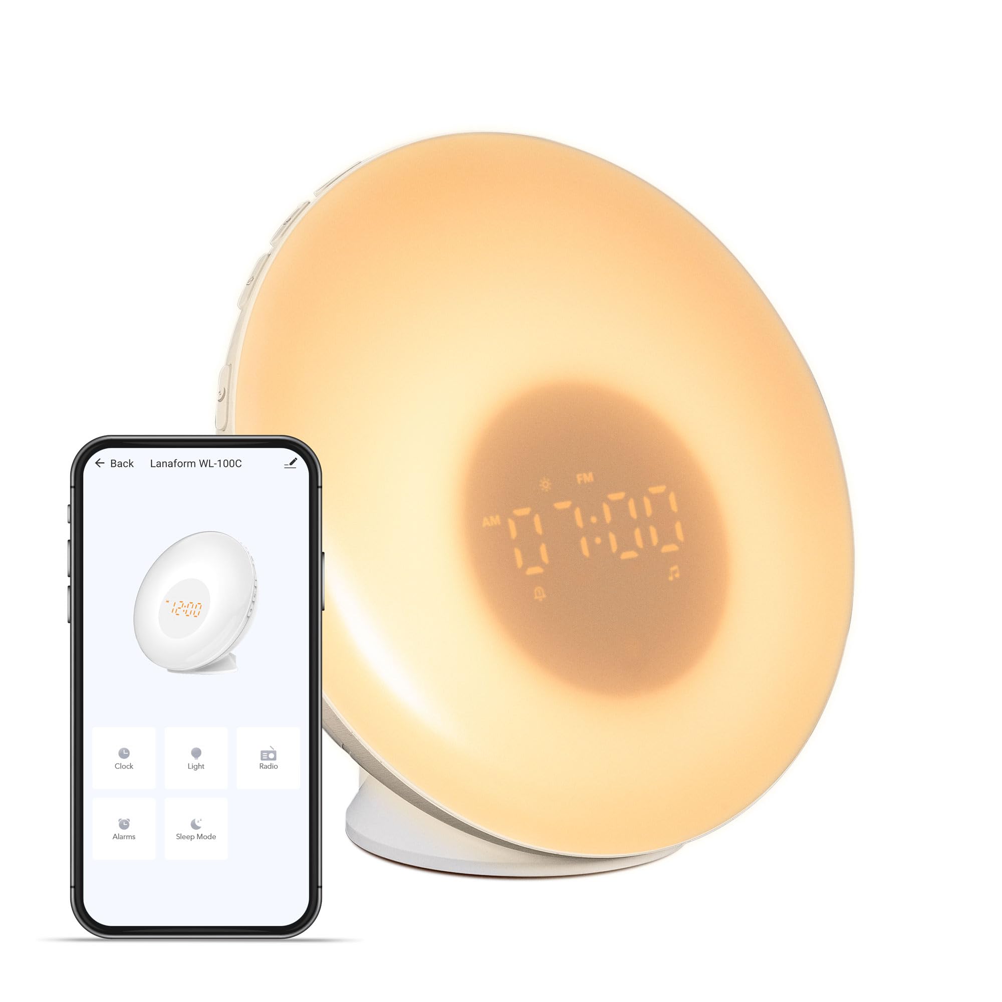 Lanaform - WL-100C - Simulateur D’aube Et De Crépuscule Connecté - Réveil Lumineux - Imite Le Lever Et Le Coucher Du Soleil - Aide À L'endormissement Avec Sons Neutres Et Ondes Alpha - 2 Alarmes