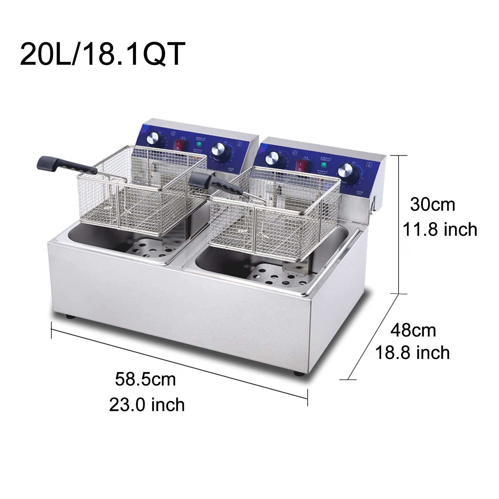 Freidora eléctrica de acero inoxidable resistente con cesta, 6000 W, doble tanque, freidora eléctrica comercial para encimera, patatas fritas (20 l/18,1 qt)