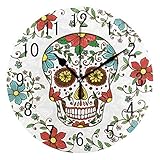ALAZA Home Decor Floral Sugar Skull Day of The Dead Round Acrylic 9.5 Inch Wall Clock Non Ticking...