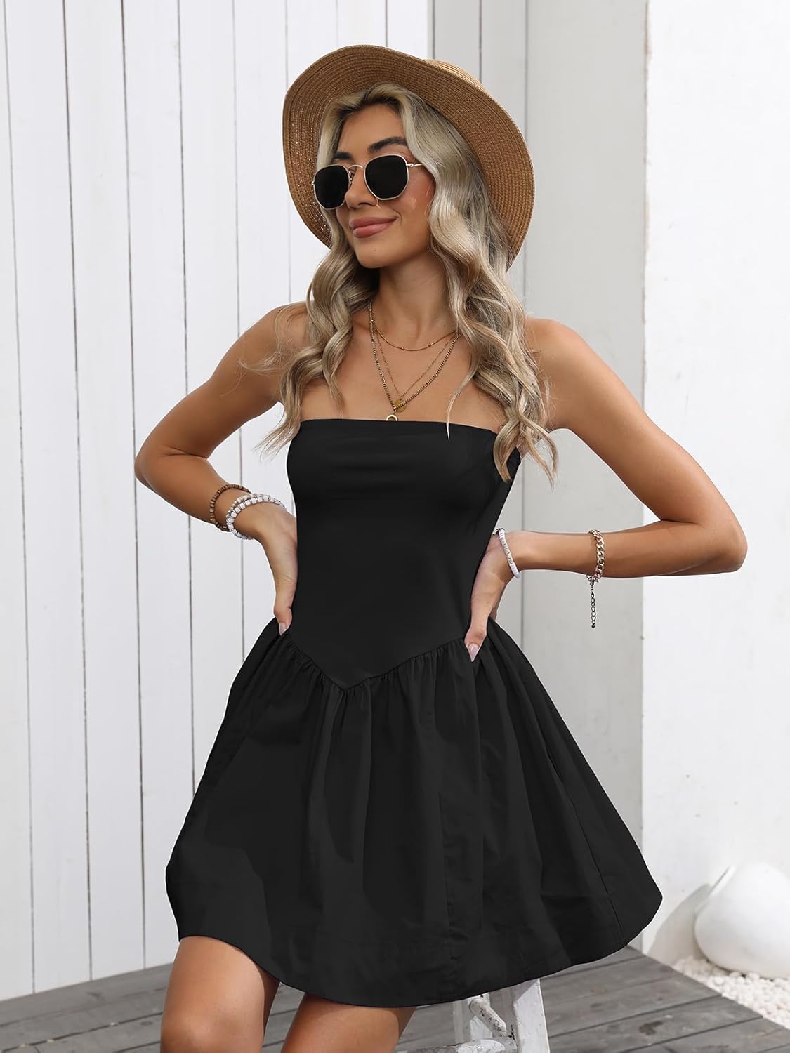Strapless Mini Dresses for Women Summer Backless Sleeveless Solid Flowy A Line Patchwork Beach Tube Top Dress - Image 4