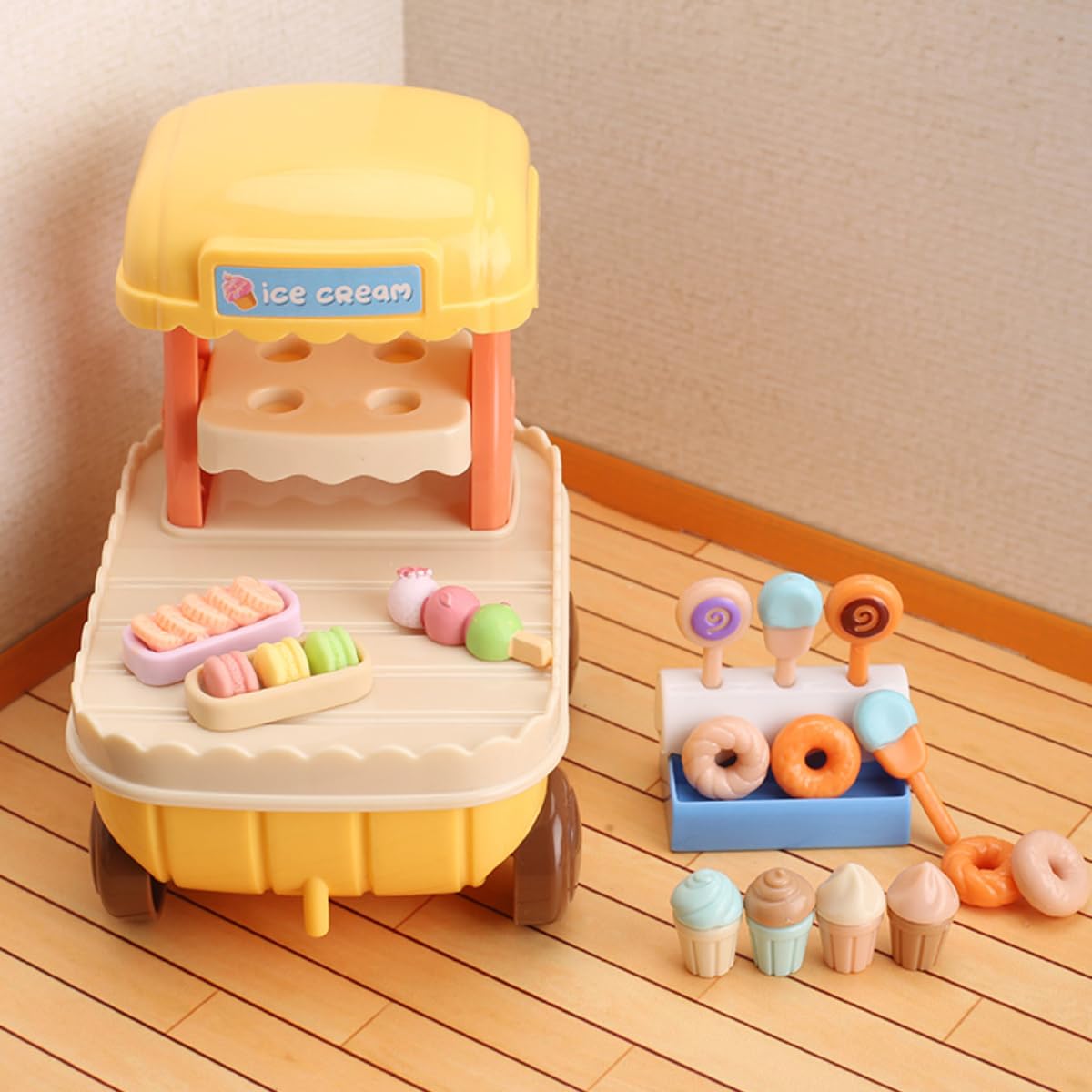 KARLOR Miniature Ice Cream Cart Set, 17 Pieces Ice Cream Cone Stick Dessert Donut Lollipop Doughnut Sales Trolley Decorations Ice Shop Stand Miniature Scene