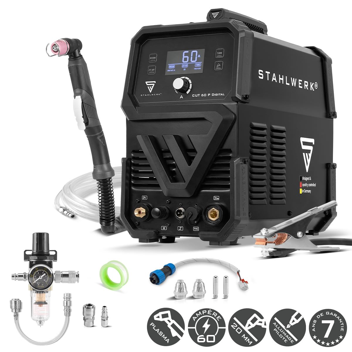 STAHLWERK Découpeur plasma CUT 60 P Digital – Découpeur plasma 60 A, capacité de coupe jusqu’à 20 mm, onduleur plasma avec amorçage pilote HF, interface THC pour contrôle de hauteur CNC