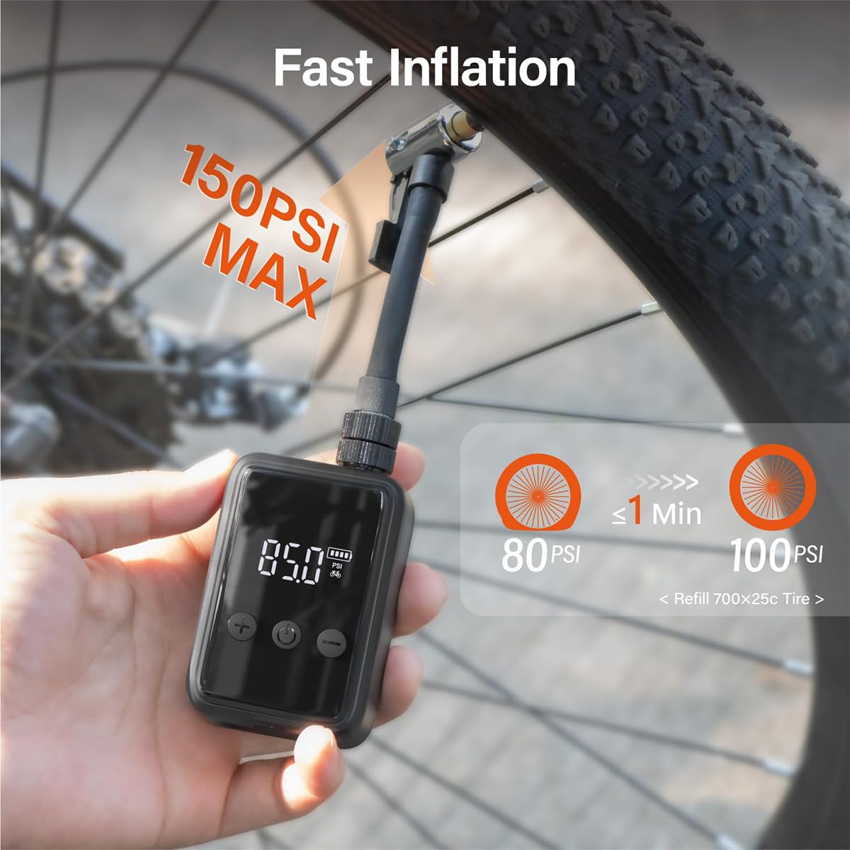 Elektryczna mini pompka rowerowa, przenośna pompka rowerowa, 150 PSI z cyfrowym manometrem, mini pompka rowerowa do rowerów, motocykli, piłek, ładowalna przez USB-C