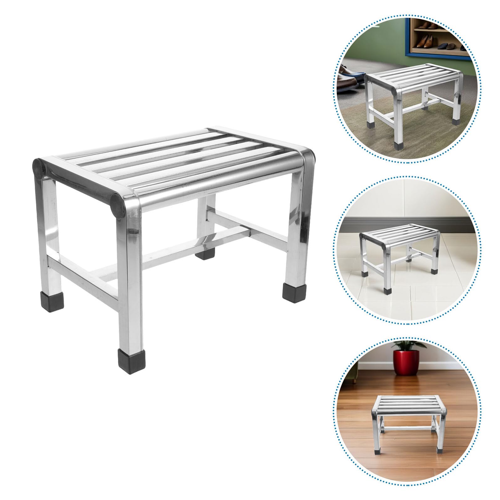 HOMSFOU Tragbarer Duschstuhl aus Edelstahl mit Lattensitz und Wasserablauf 31X22X31Cm Rutschfester Badhocker für Pediküre und Badezimmer