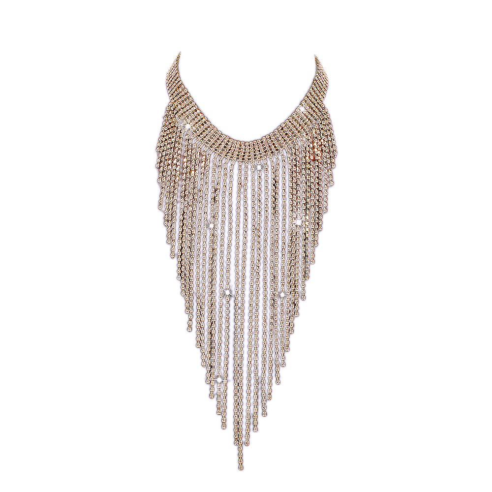 Aomcisi Fashion Women Sexy Rhinestone Bib Choker Necklace Tassel Long Chain Necklace