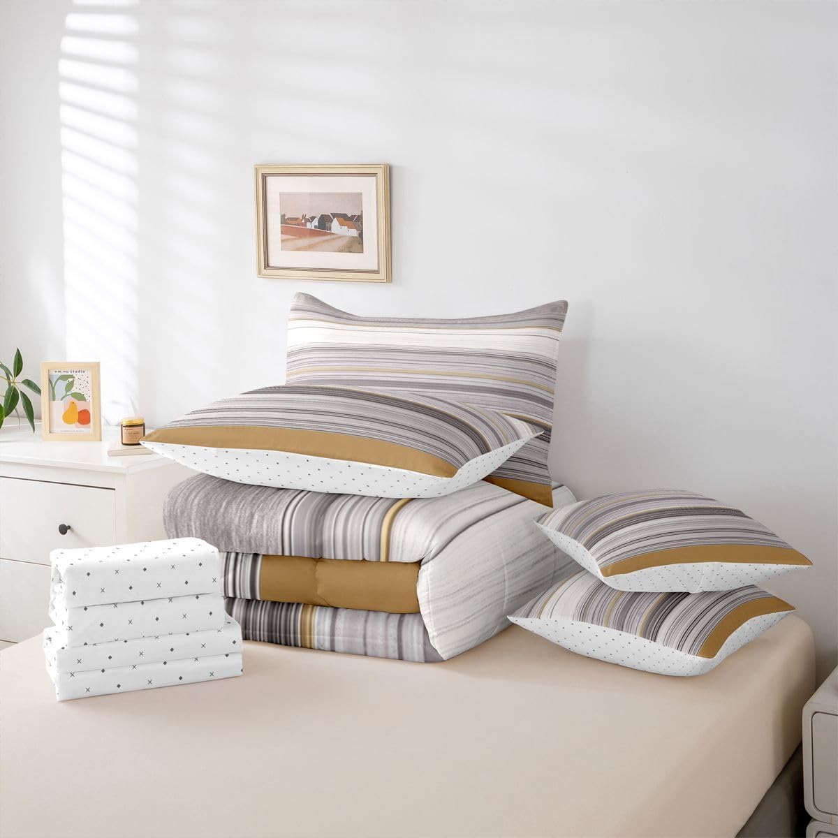 Feelyou Geometric Bed in a Bag Twin Purple Grey White Khaki Stripes 7 Pieces Bedding Set Stripe Line Comforter Set Patchwork Striped,Comforter + Sheets + Pillowcases + Cushion Covers